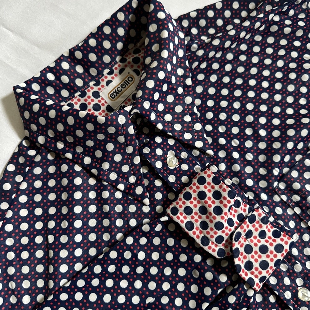 Vtg 70s Disco Shirt XL 17-17.5 Navy Polka Dot Dagger Collar Cuff Mod Retro